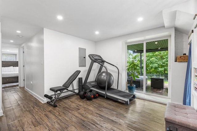 138 Dartmouth St, Everett, MA 02149 - exercise area featuring electric panel, wood finished floors, recessed lighting, and baseboards