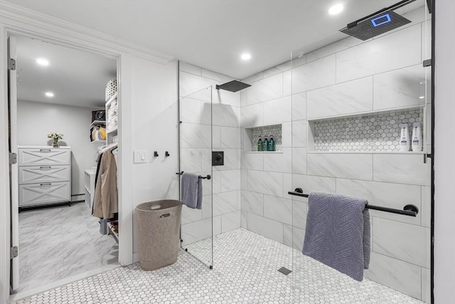 138 Dartmouth St, Everett, MA 02149 - bathroom featuring a tile shower, recessed lighting, and ornamental molding