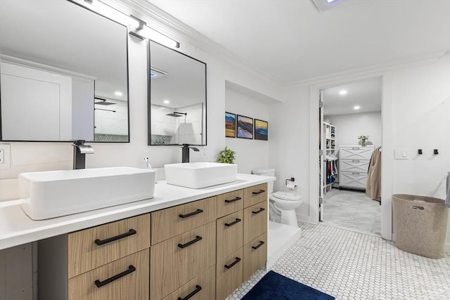 138 Dartmouth St, Everett, MA 02149 - full bath featuring double vanity, toilet, crown molding, recessed lighting, and a shower