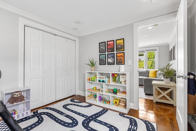 138 Dartmouth St, Everett, MA 02149 - game room featuring wood finished floors, crown molding, recessed lighting, and baseboards