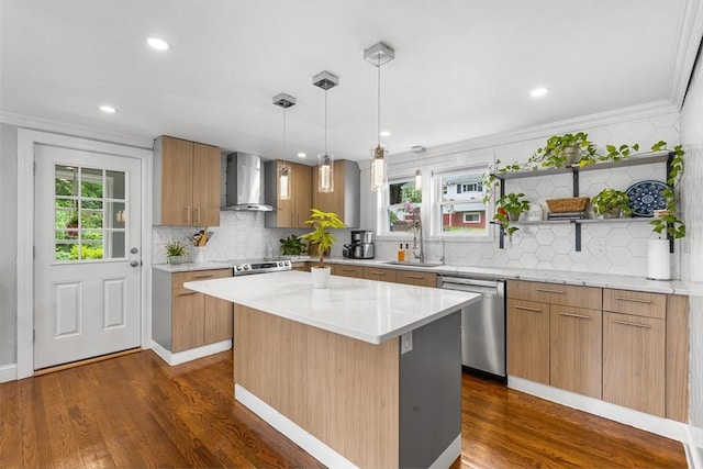 138 Dartmouth St, Everett, MA 02149 - kitchen with wall chimney exhaust hood, stainless steel appliances, dark wood-style floors, crown molding, and open shelves