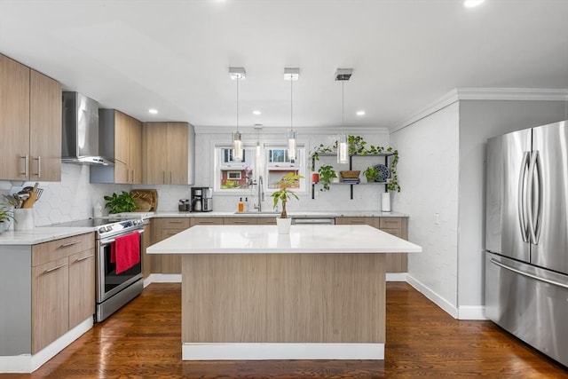 138 Dartmouth St, Everett, MA 02149 - kitchen featuring stainless steel appliances, wall chimney exhaust hood, a kitchen island, tasteful backsplash, and light countertops