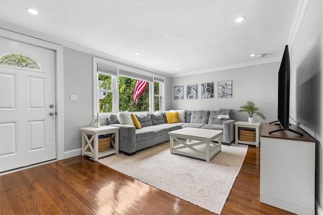 138 Dartmouth St, Everett, MA 02149 - living room with ornamental molding, dark wood-style floors, recessed lighting, and baseboards