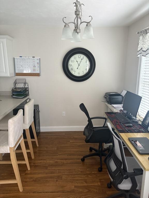 43 Longview Cir Unit B, Ayer, MA 01432 - office area featuring dark wood-style flooring, a chandelier, and baseboards