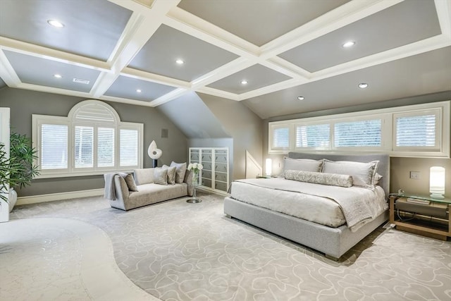 70 Lazell St, Hingham, MA 02043 - bedroom featuring coffered ceiling, carpet flooring, recessed lighting, and beamed ceiling