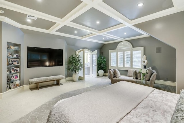 70 Lazell St, Hingham, MA 02043 - bedroom with coffered ceiling, recessed lighting, and beamed ceiling