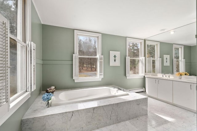 4 Old Meadow Ln, Harvard, MA 01451 - bathroom featuring vanity, baseboard heating, and a bath
