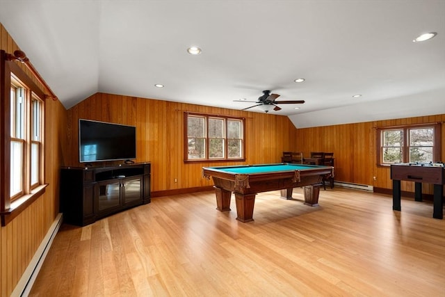4 Old Meadow Ln, Harvard, MA 01451 - playroom with light wood-type flooring, a baseboard radiator, pool table, and vaulted ceiling