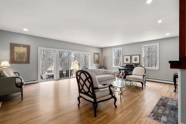 4 Old Meadow Ln, Harvard, MA 01451 - living area with light wood-type flooring, a baseboard radiator, and recessed lighting