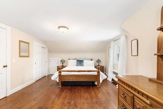 bedroom with dark hardwood / wood-style floors, radiator, and lofted ceiling