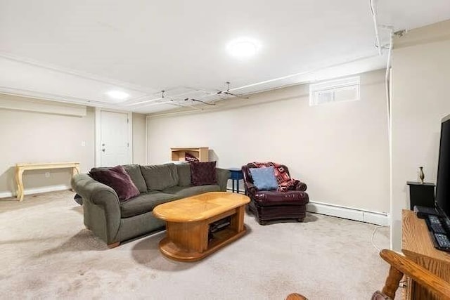 living room with carpet floors and a baseboard radiator