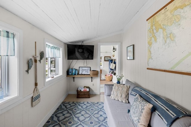 13 Hathaway St, Fairhaven, MA 02719 - living room with vaulted ceiling, wood ceiling, wood walls, and baseboards