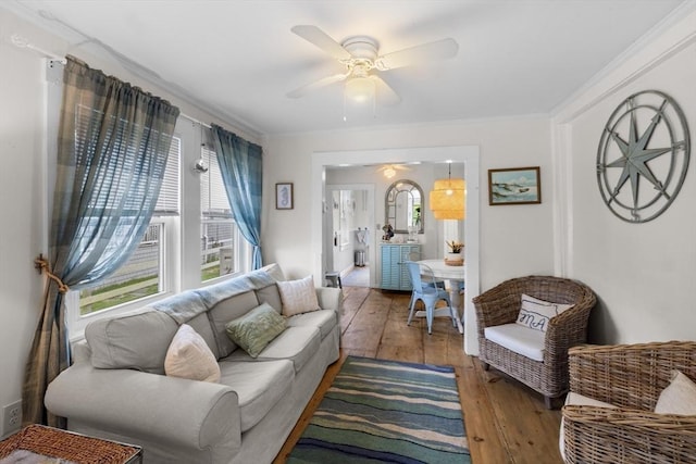 13 Hathaway St, Fairhaven, MA 02719 - living area with hardwood / wood-style flooring, ceiling fan, and crown molding