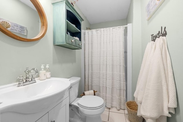 13 Hathaway St, Fairhaven, MA 02719 - bathroom with toilet, vanity, tile patterned flooring, and curtained shower