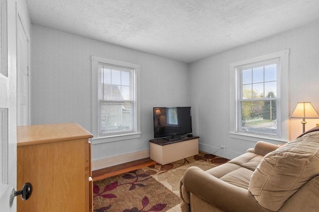 living area with baseboards, a textured ceiling, a healthy amount of sunlight, and wood finished floors