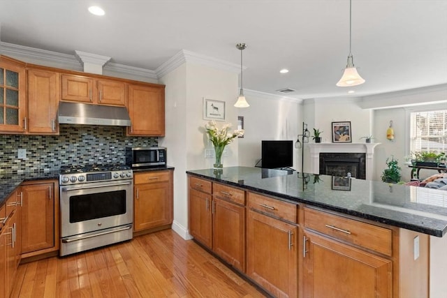 kitchen featuring decorative light fixtures, appliances with stainless steel finishes, dark stone countertops, and tasteful backsplash