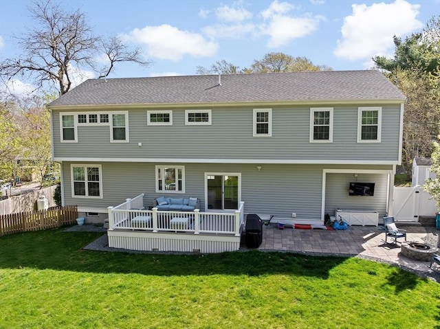 57 Chittenden Rd, Scituate, MA 02066 - back of house with an outdoor living space with a fire pit, a wooden deck, and a patio area