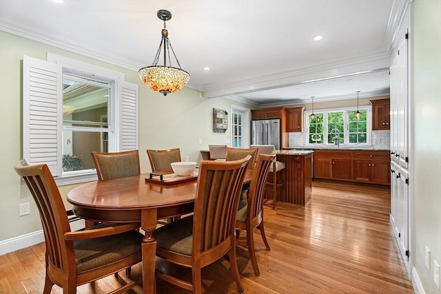 6 Fruit St, Hopkinton, MA 01748 - dining room with light wood-type flooring, crown molding, and recessed lighting
