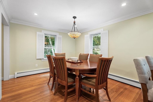 6 Fruit St, Hopkinton, MA 01748 - dining room featuring a baseboard radiator, light wood-style flooring, crown molding, and recessed lighting