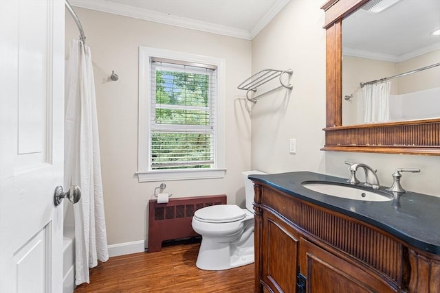 6 Fruit St, Hopkinton, MA 01748 - bathroom with radiator heating unit, wood finished floors, crown molding, vanity, and shower / tub combo with curtain