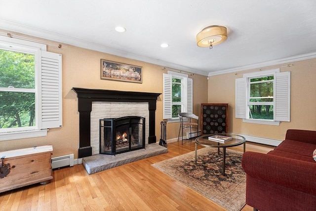 6 Fruit St, Hopkinton, MA 01748 - living room featuring a baseboard radiator, wood finished floors, crown molding, and a brick fireplace