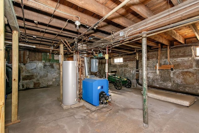 basement with water heater and a heating unit