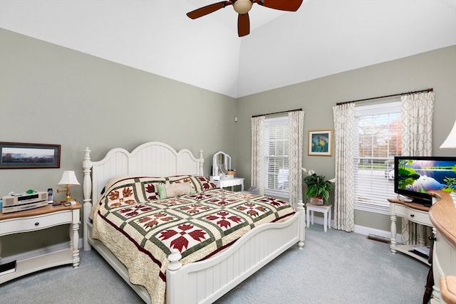 bedroom with multiple windows, carpet floors, and ceiling fan