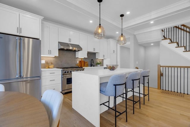 kitchen with premium appliances, decorative backsplash, decorative light fixtures, a kitchen island, and white cabinets