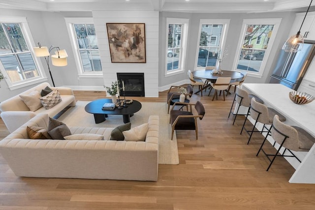 living room featuring ornamental molding, light hardwood / wood-style flooring, a healthy amount of sunlight, and a fireplace