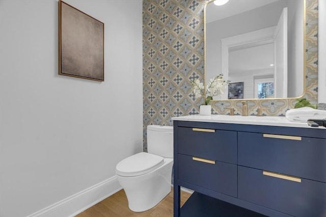 bathroom featuring toilet, hardwood / wood-style floors, and vanity