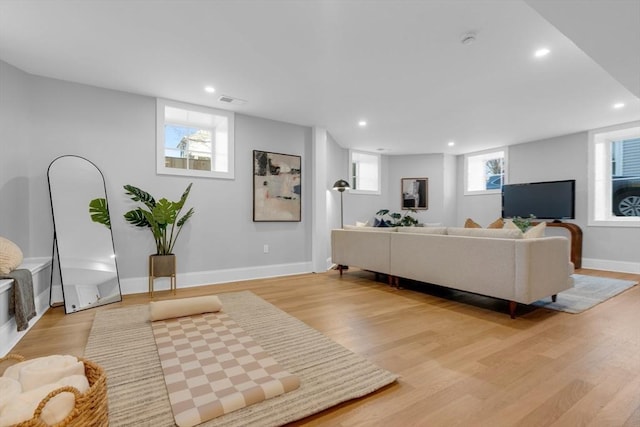 living room featuring a healthy amount of sunlight and light hardwood / wood-style flooring