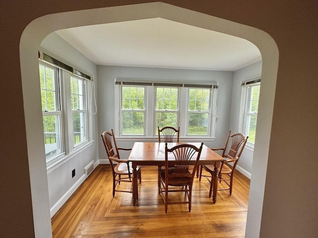 167 Pleasant St, East Longmeadow, MA 01028 - dining area with arched walkways, baseboards, and light wood-style flooring