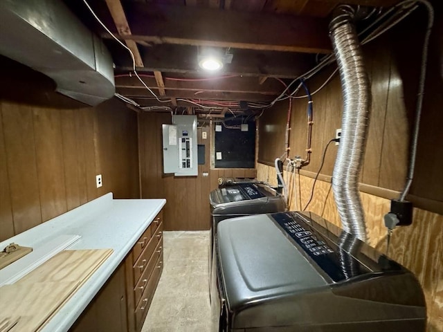 167 Pleasant St, East Longmeadow, MA 01028 - laundry area featuring electric panel, washer and clothes dryer, wooden walls, and cabinet space