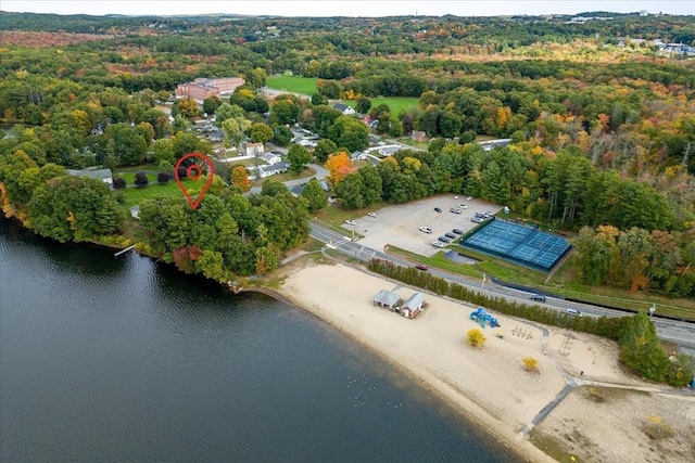 drone / aerial view with a water view and a view of trees