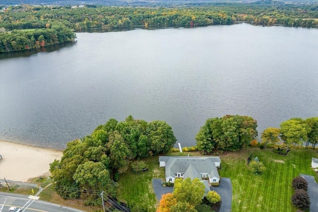 aerial view with a water view and a view of trees