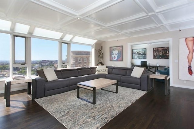 living room with baseboards, dark wood-style floors, coffered ceiling, beamed ceiling, and a desk