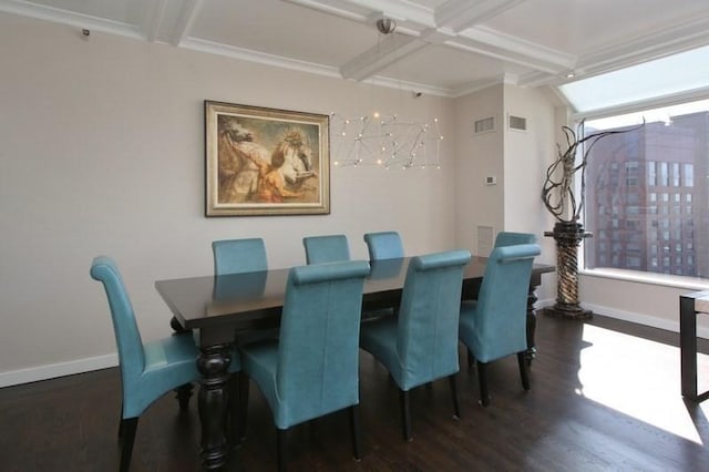 dining area with wood finished floors, baseboards, coffered ceiling, beamed ceiling, and crown molding