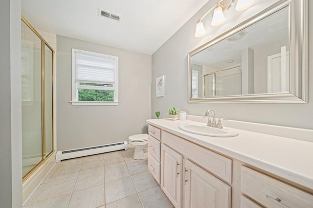 9 Captains Way E, Bridgewater, MA 02333 - full bath featuring a baseboard heating unit, a shower with shower door, vanity, and tile patterned flooring