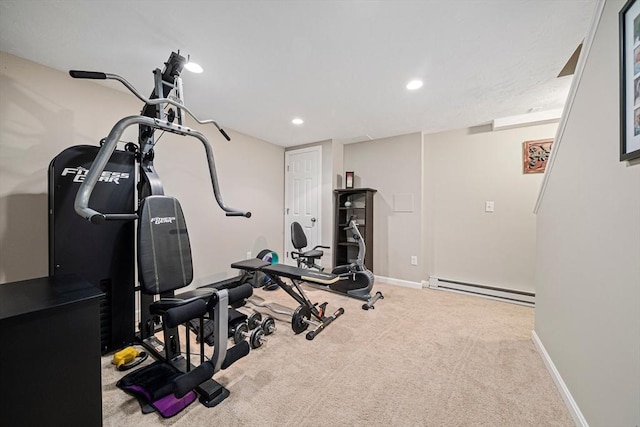 9 Captains Way E, Bridgewater, MA 02333 - exercise area featuring baseboard heating, carpet flooring, and recessed lighting