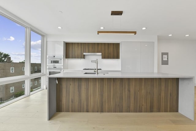 kitchen featuring expansive windows, white double oven, decorative light fixtures, light hardwood / wood-style flooring, and white cabinetry