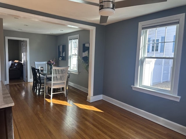 dining space with dark wood-style floors and baseboards