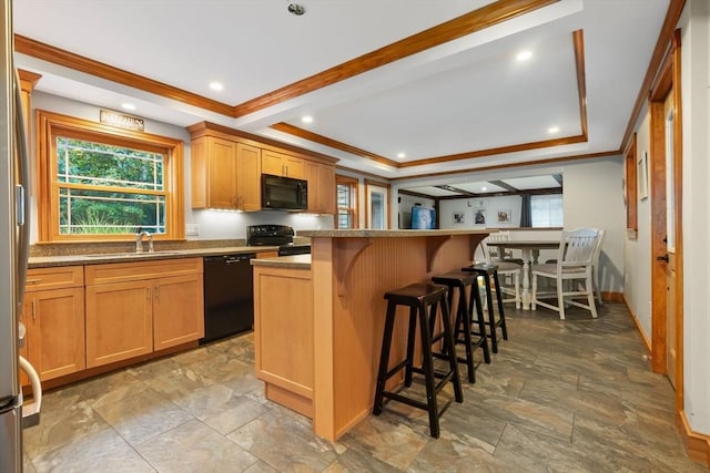 kitchen with ornamental molding, a breakfast bar area, plenty of natural light, a sink, and black appliances