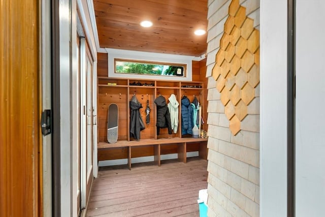 mudroom with recessed lighting, wooden ceiling, and wood finished floors