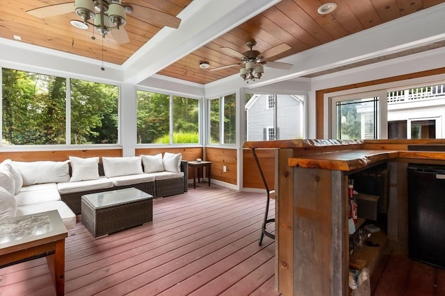 sunroom / solarium featuring a healthy amount of sunlight and beamed ceiling