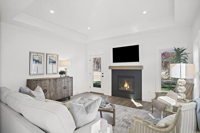25 Salisbury Hill Blvd Unit 62, Worcester, MA 01609 - living room featuring wood finished floors, recessed lighting, a raised ceiling, baseboards, and a glass covered fireplace
