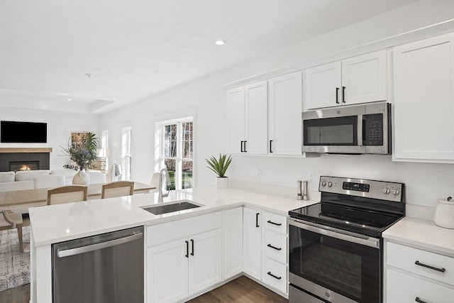 25 Salisbury Hill Blvd Unit 62, Worcester, MA 01609 - kitchen featuring a peninsula, a sink, stainless steel appliances, open floor plan, and recessed lighting