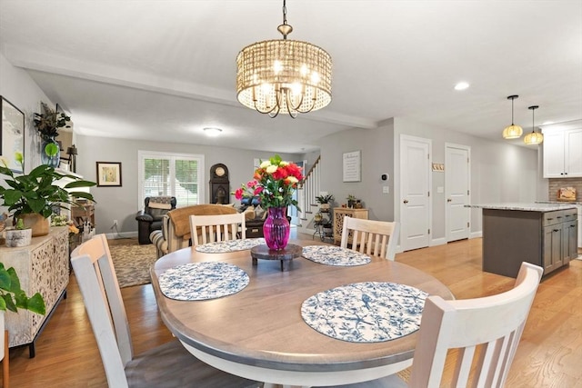 187 Run Brook Cir, Taunton, MA 02780 - dining room with light wood-style floors, a chandelier, stairway, and recessed lighting