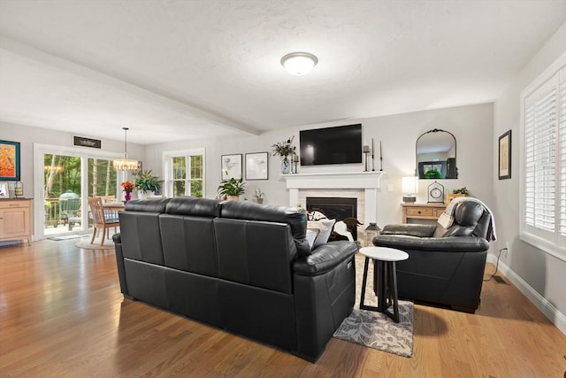 187 Run Brook Cir, Taunton, MA 02780 - living area with a glass covered fireplace, plenty of natural light, wood finished floors, and a chandelier