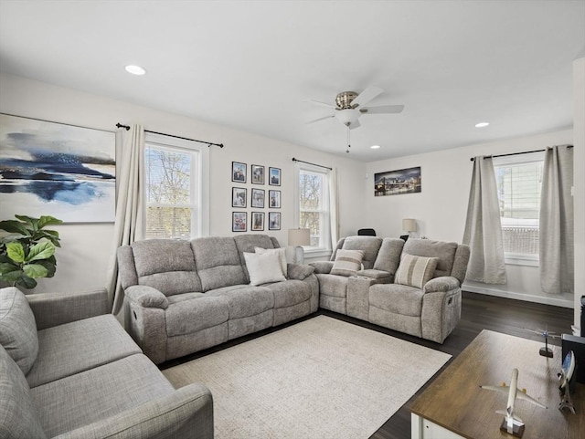 73 Laurel St, Leominster, MA 01453 - living room with recessed lighting, a ceiling fan, and dark wood-style floors