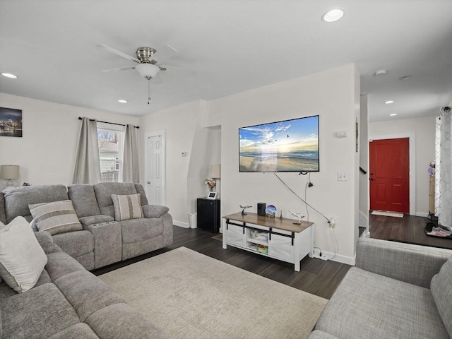 73 Laurel St, Leominster, MA 01453 - living room with recessed lighting, baseboards, ceiling fan, and dark wood-style floors